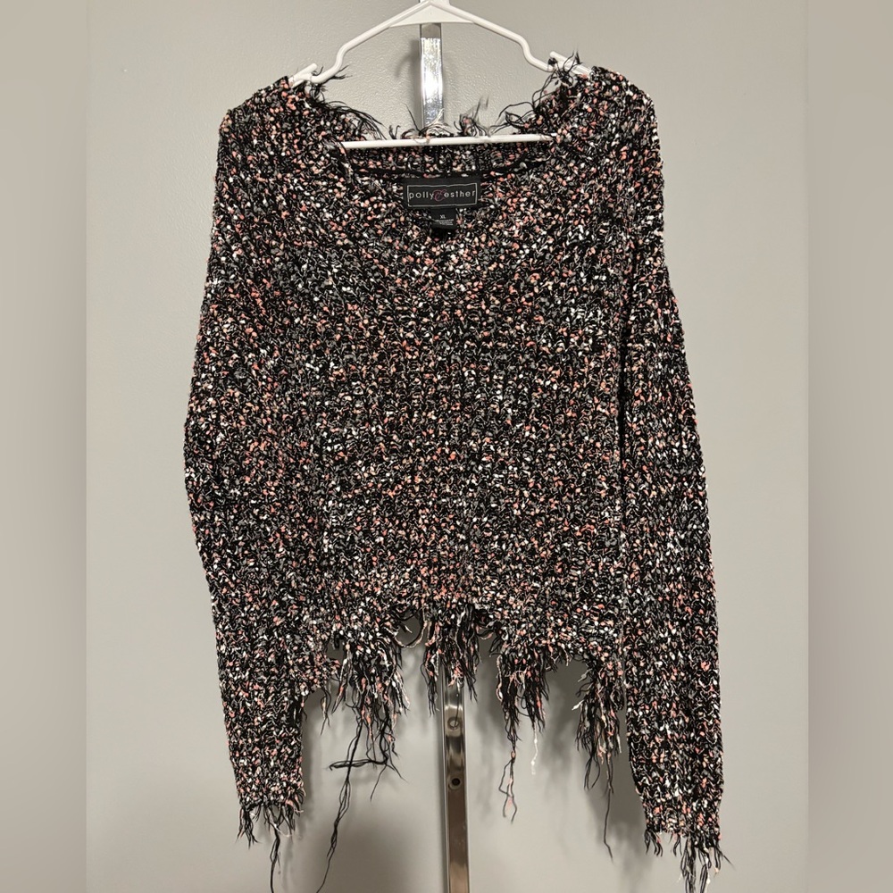 Polly & Esther Womens ragged edge sweater poly blend XL Black/pink/white/grey